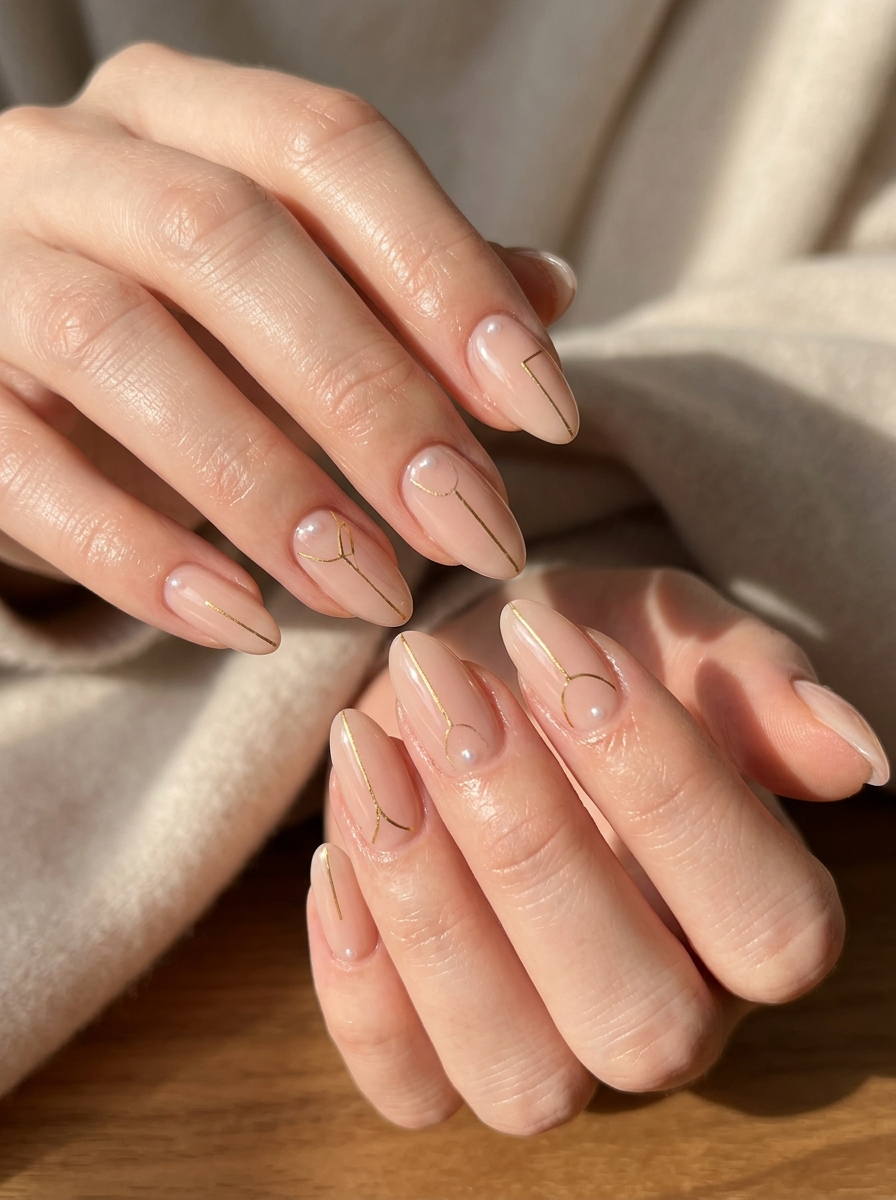 Minimalist gold line art on nude nails