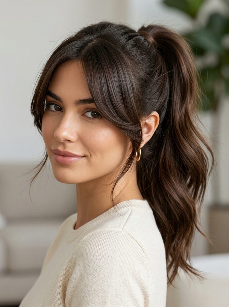 Curtain bangs haircut with ponytail styling