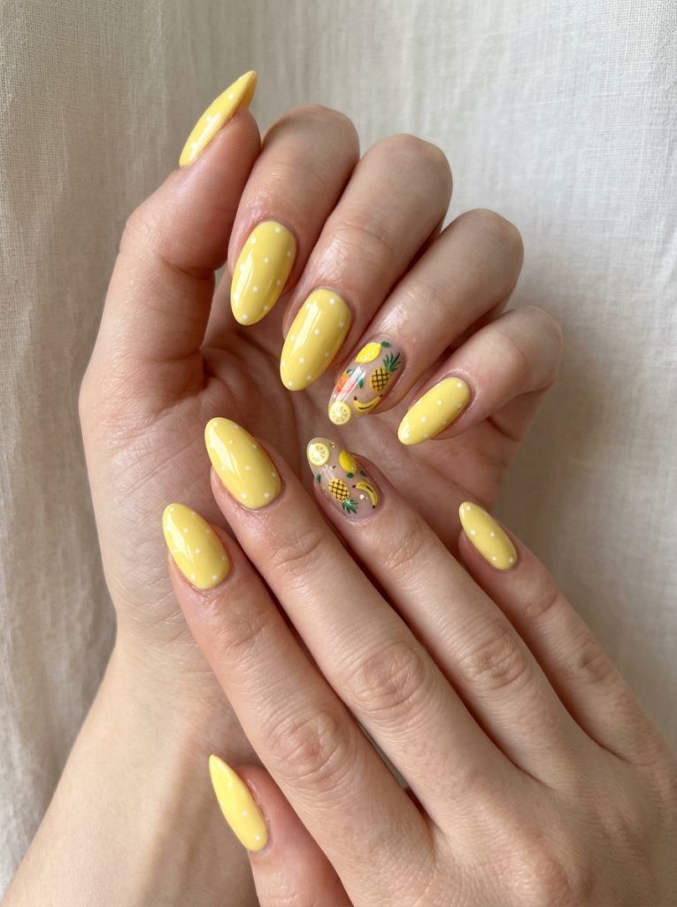 Glossy Yellow with Mixed Fruit Accent Nails-Fille Vibe