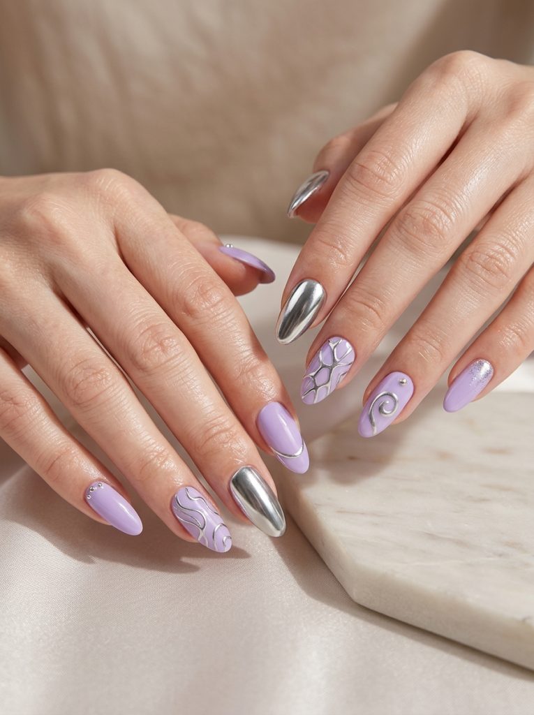 Lavender Nails With Silver Chrome Accent-Fille Vibe