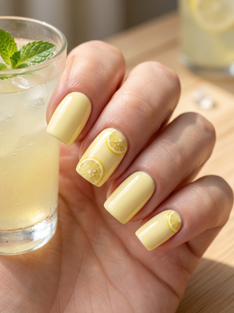 Lemon Slice Minimal Yellow Fruit Nails Design-Fille Vibe