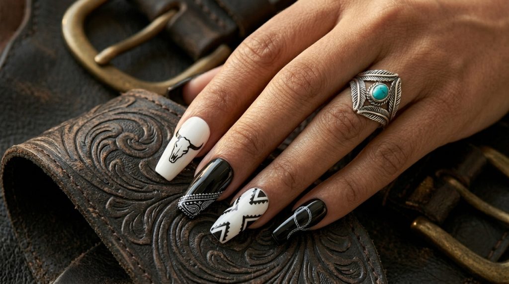 Black and White Western Contrast Nails