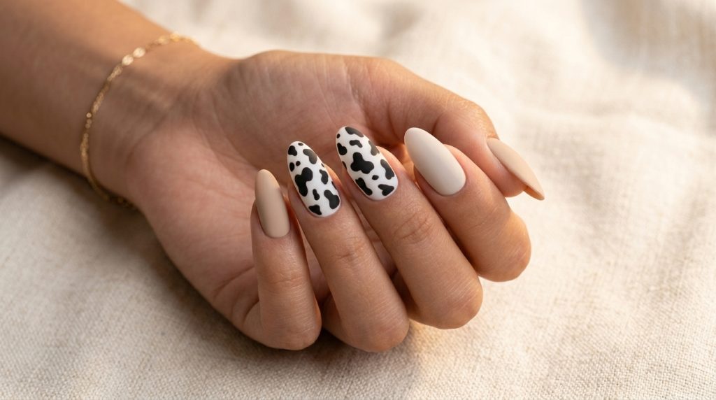 Matte Cow Print Accent Nails