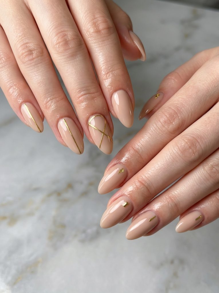 Nude Nails with Tiny Gold Lines-Fille vibe