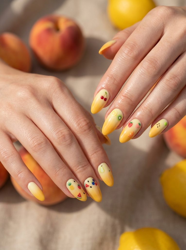 Ombre Yellow Fruit Nails Design-Fille Vibe