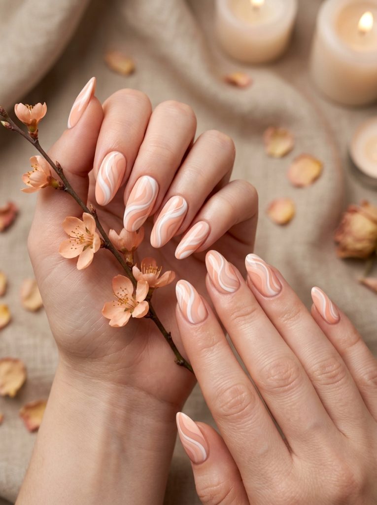 Peach and White Swirl Nails-Fille Vibe
