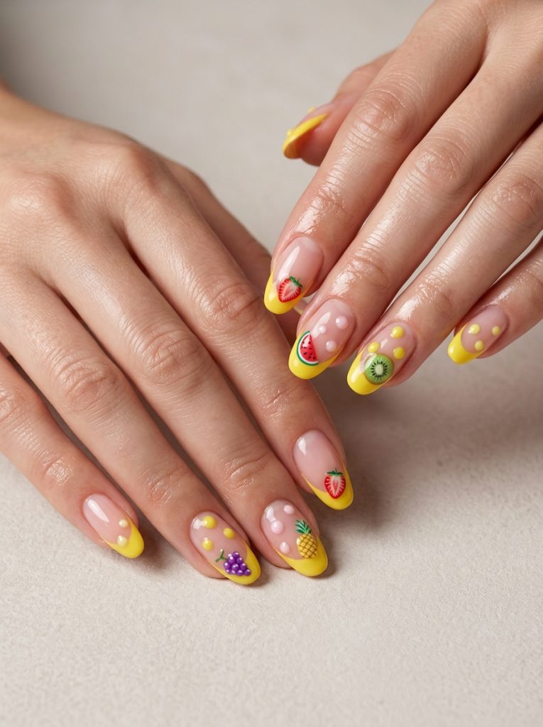 Yellow French Tips with Fruit Details-Fille Vibe
