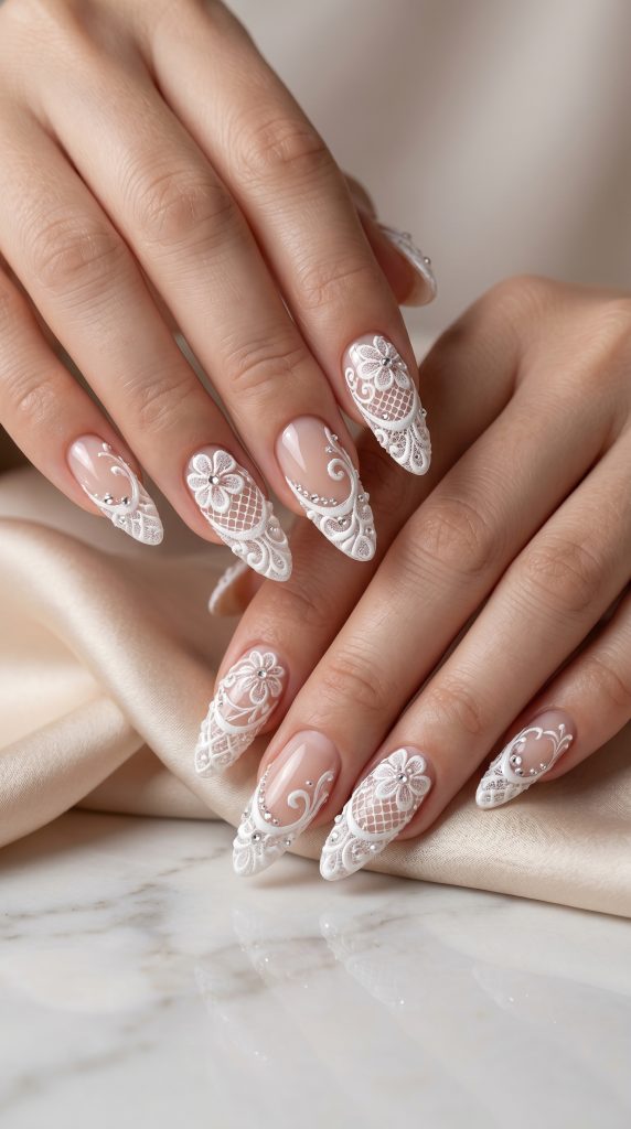 3D Lace French Tip Nails-Fille Vibe
