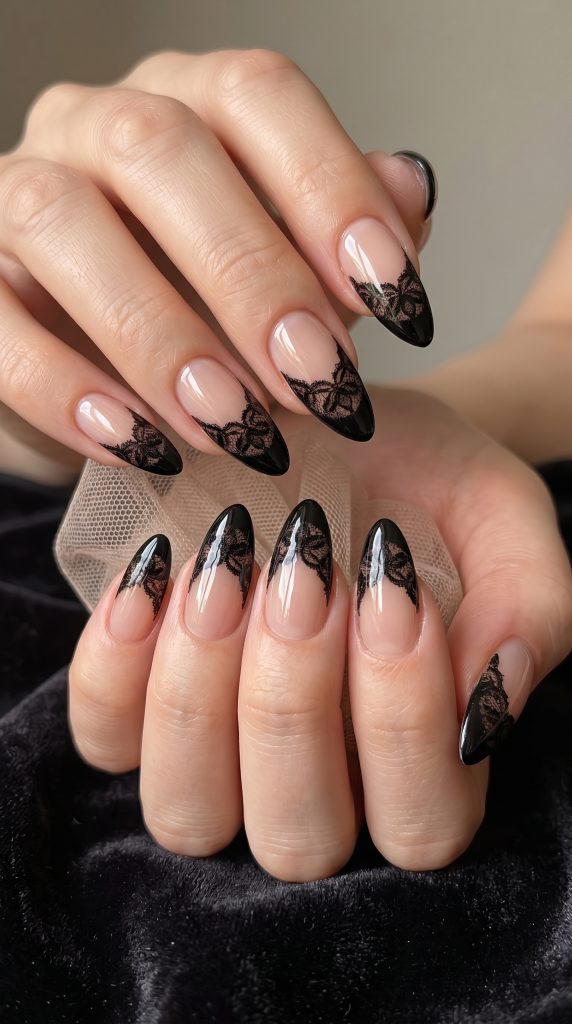 Black Lace French Tip Nails-Fille vibe
