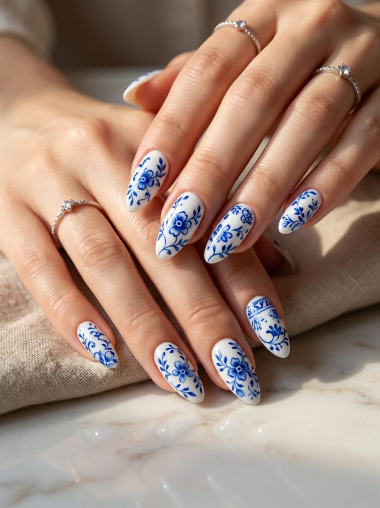 Blue Floral Porcelain Nails-Fille vibe