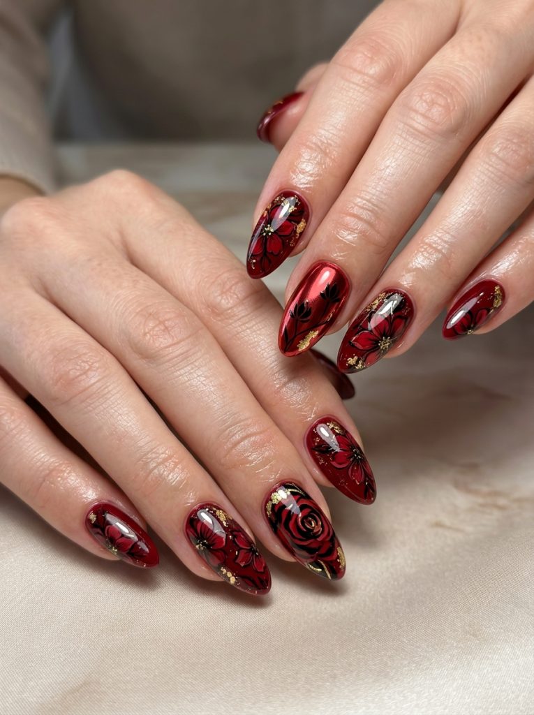 Bold Red Floral Nails-Fille vibe