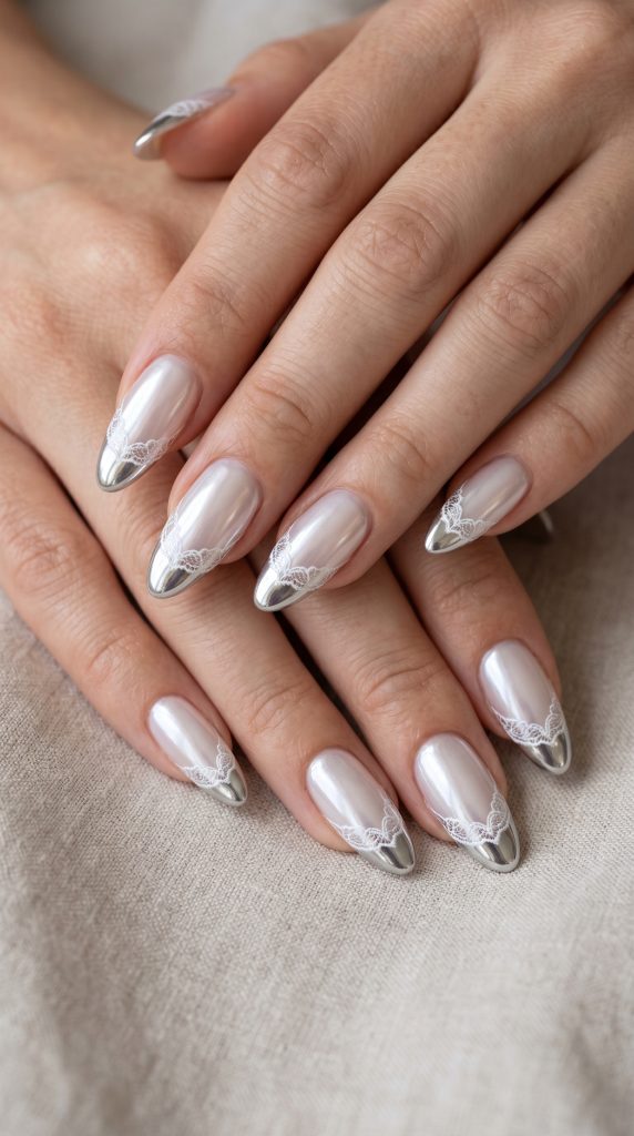 Chrome Lace French Tip Nails-Fille vibe