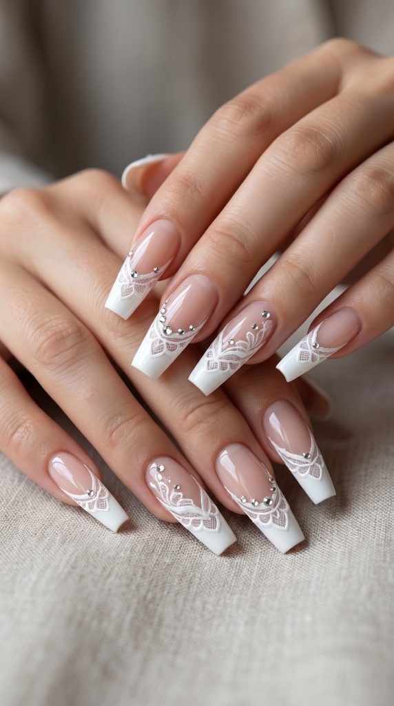 Coffin Lace French Tip Nails-Fille vibe