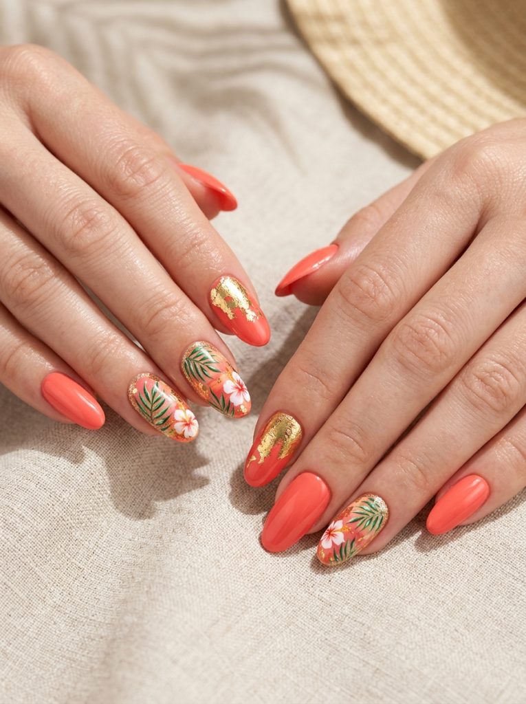 Coral Nails with Gold Accent Nail-Fille vibe