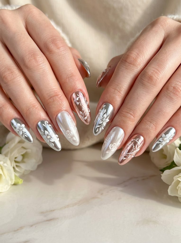 Floral Chrome Nails-Fille vibe