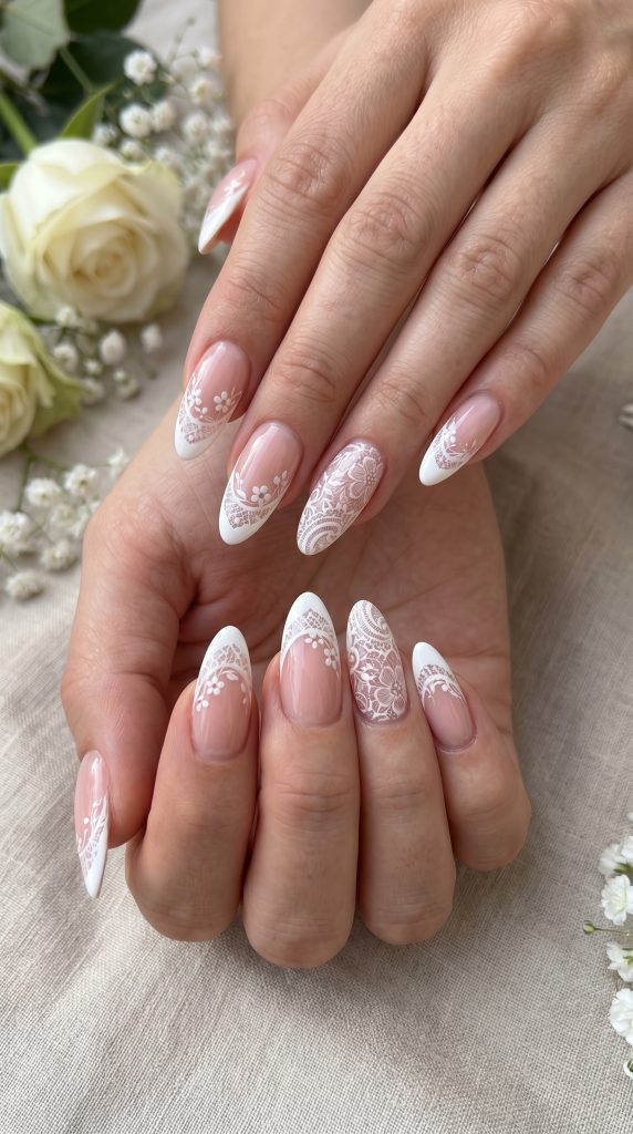 Floral Lace French Tip Nails-Fille vibe