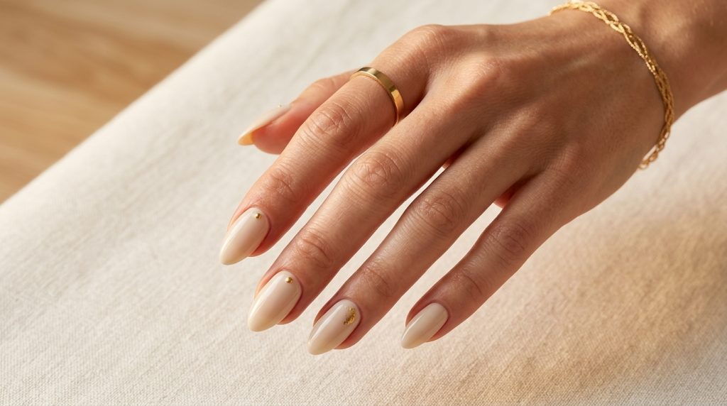 Creamy Almond Nails with Gold Detail