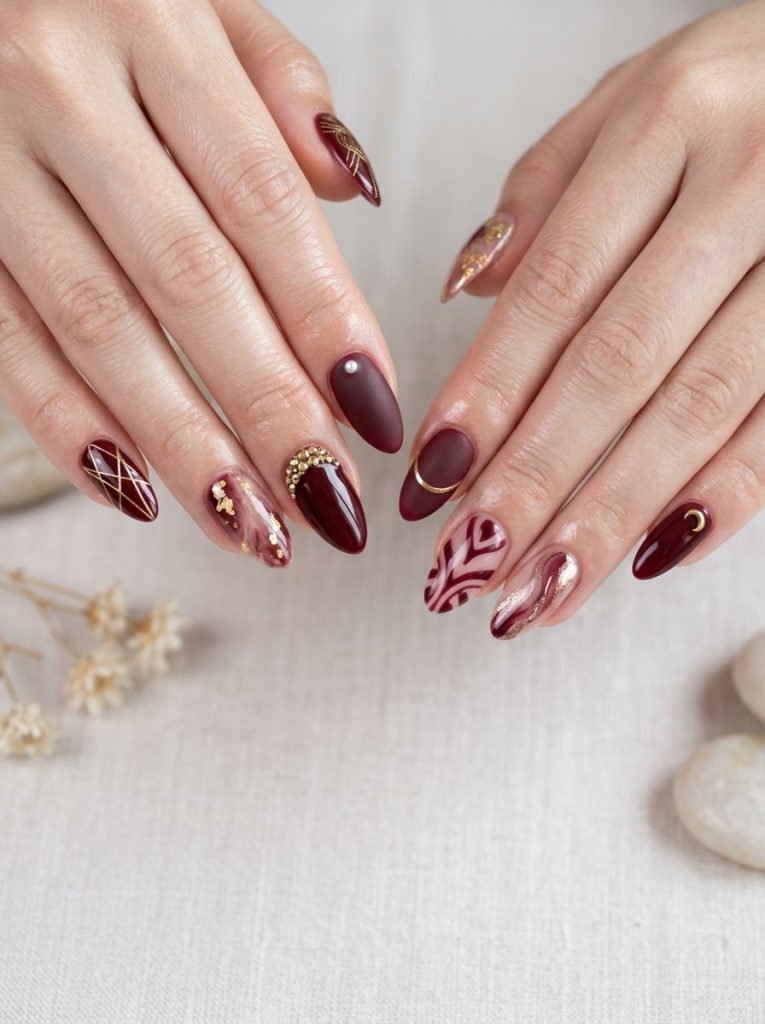 Maroon Almond Shape Nails-Fille vibe