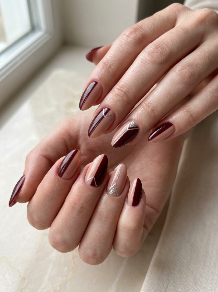 Maroon and Nude Color Block Nails-Fille vibe