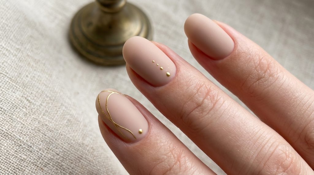 Matte Beige Nails with Minimal Art