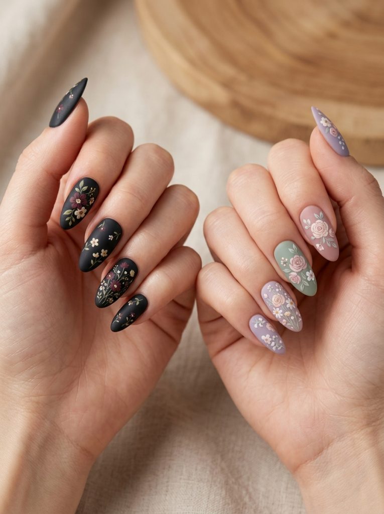 Matte Floral Nails-Fille vibe