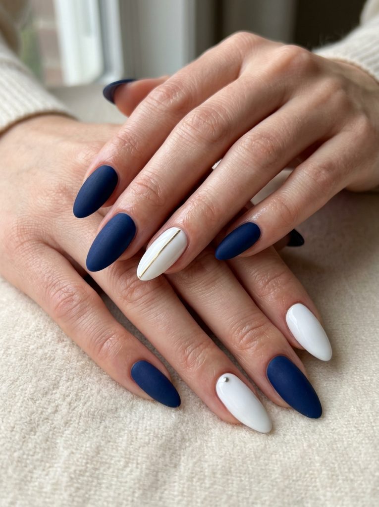 Matte Navy Blue and Glossy White Nails-Fille vibe
