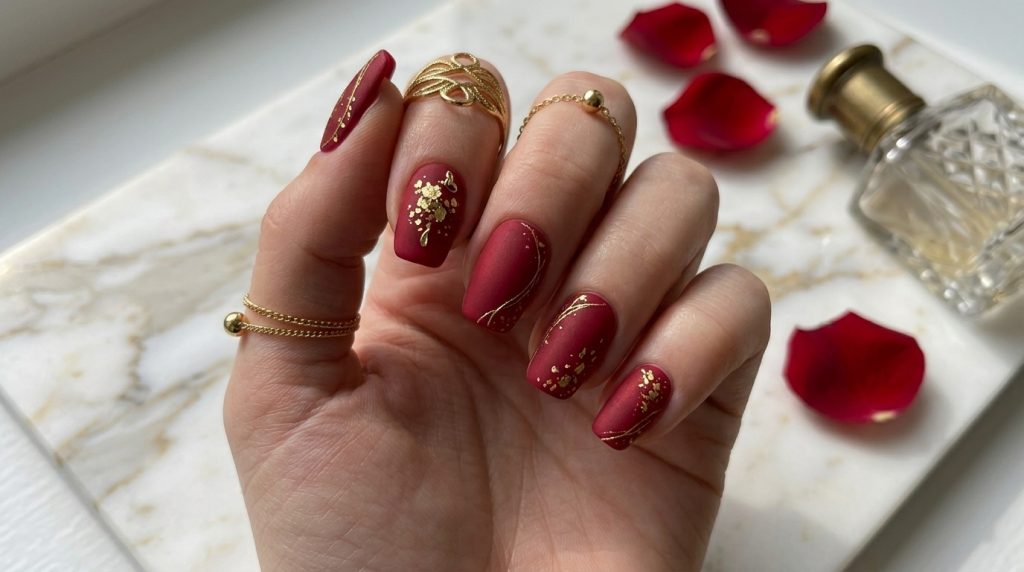 Matte Red Nails with Tiny Gold Details