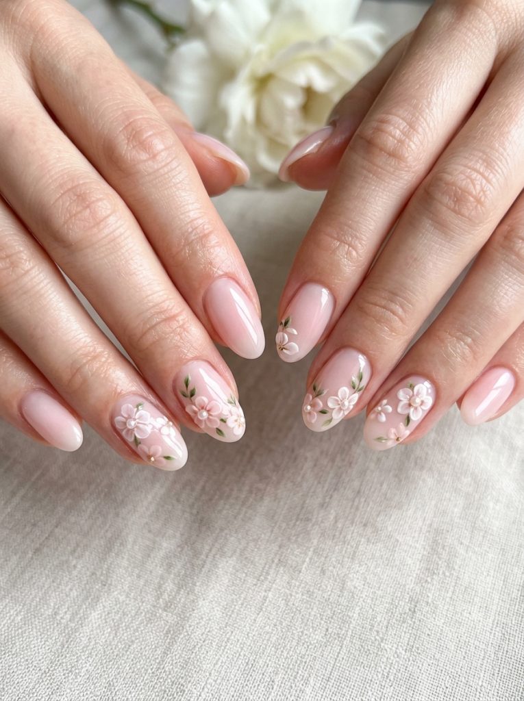 Milky Pink Floral Nails Fille vibe