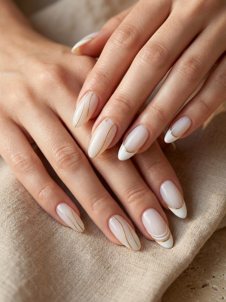 Milky White Nails with Fine Gold Lines-Fille vibe