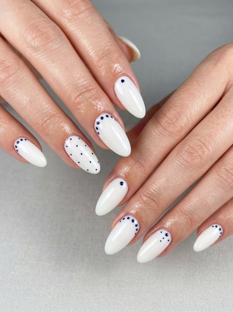 Minimal Navy Blue and White Dot Nails-Fille vibe