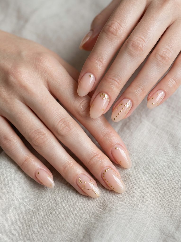 Minimal Nude Nails with Gold Dots-Fille vibe