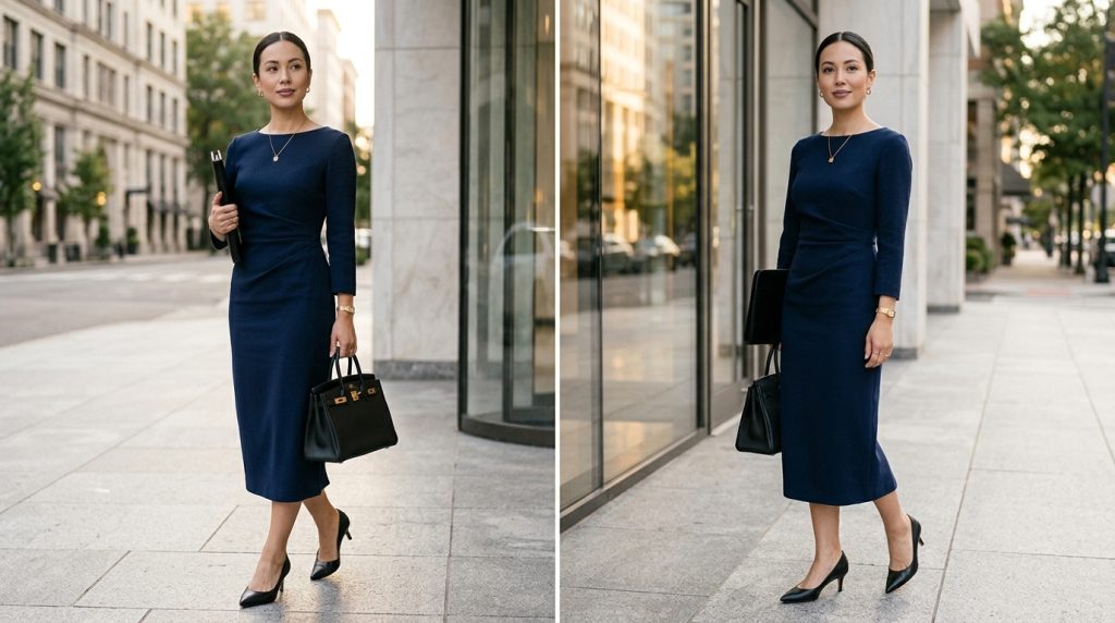 Navy Blue Midi Dress with Minimal Heels