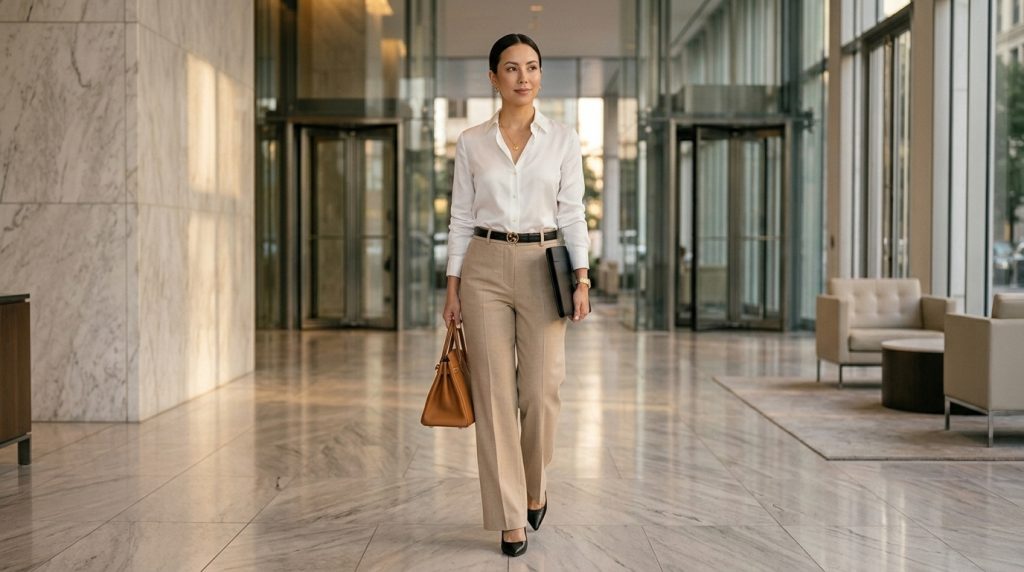 White Button Shirt with Tailored Beige Pants