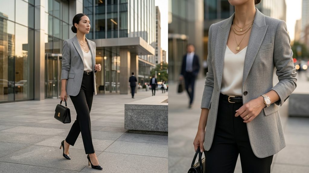 Soft Gray Blazer with Black Trousers