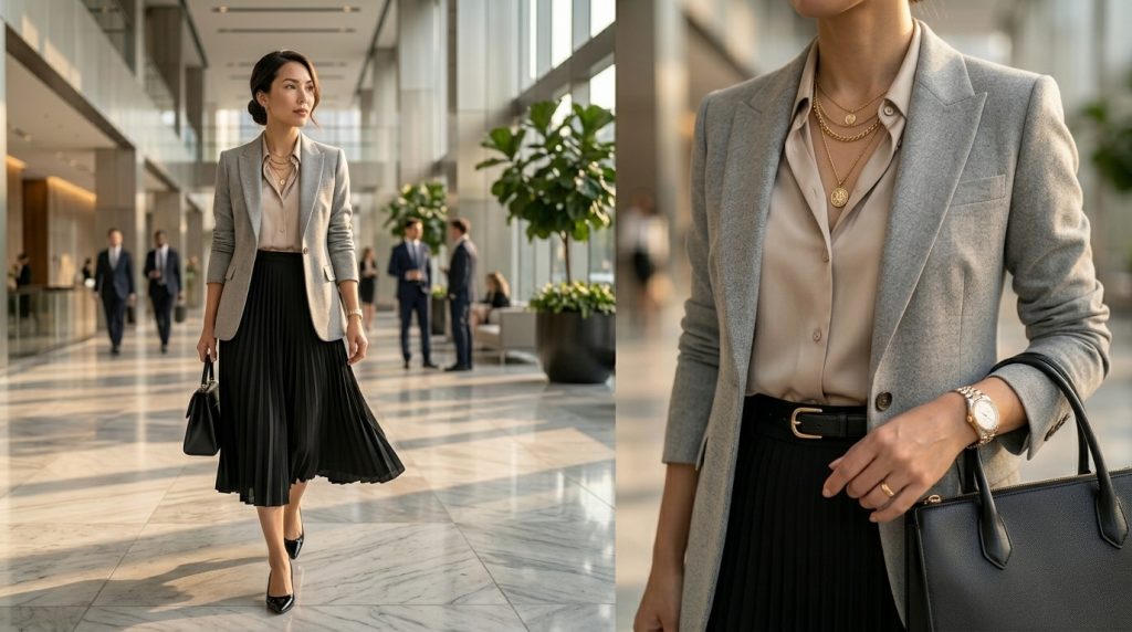 Black Midi Skirt with Tucked Neutral Blouse