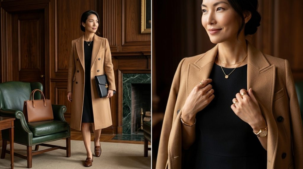 Minimal Black Dress with Structured Coat