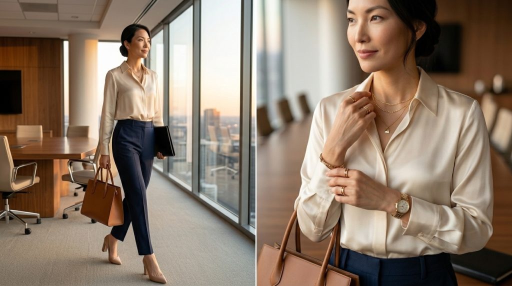 Satin Blouse with Tailored Trousers