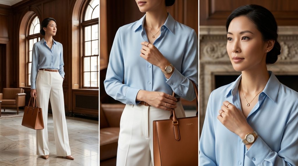 Soft Blue Shirt with White Wide Leg Pants