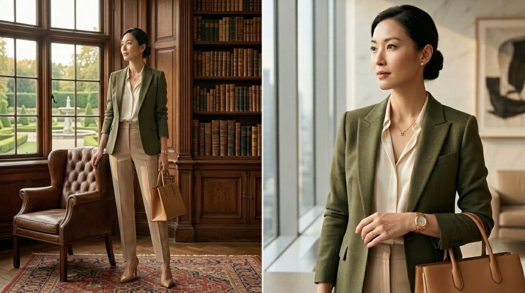 Olive Green Blazer with Neutral Basics