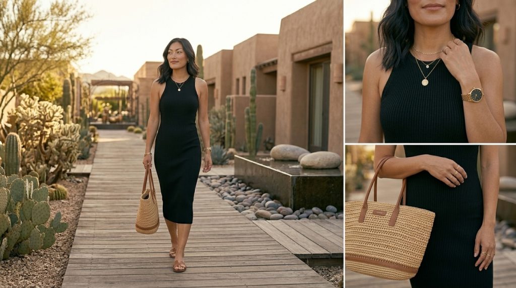 Black Ribbed Dress with Neutral Accessories