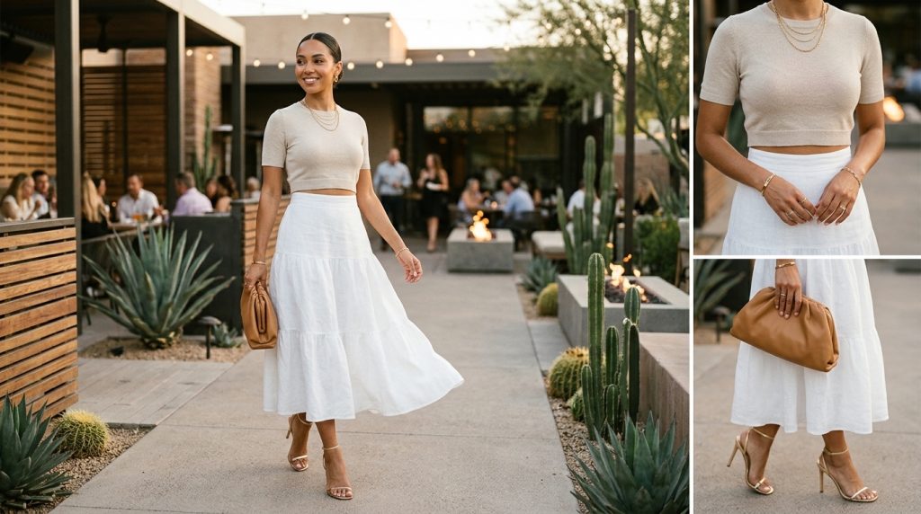 White Midi Skirt with Cropped Knit Top
