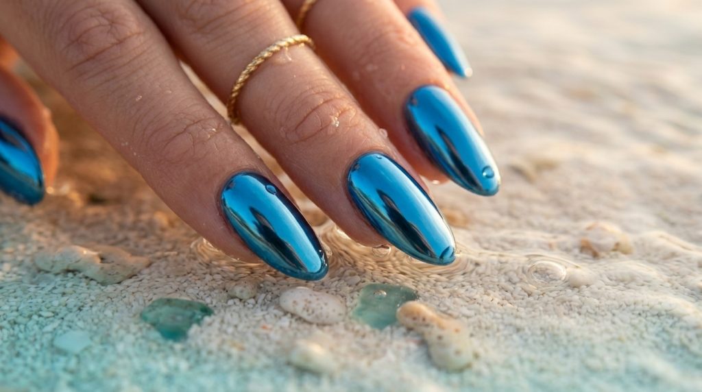 Ocean Blue Chrome Nails