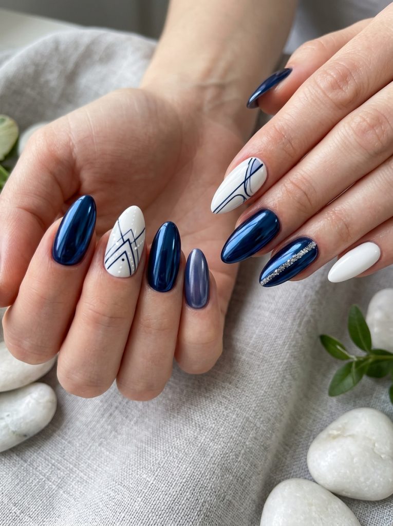 Navy Blue Chrome and White Nails-Fille vibe