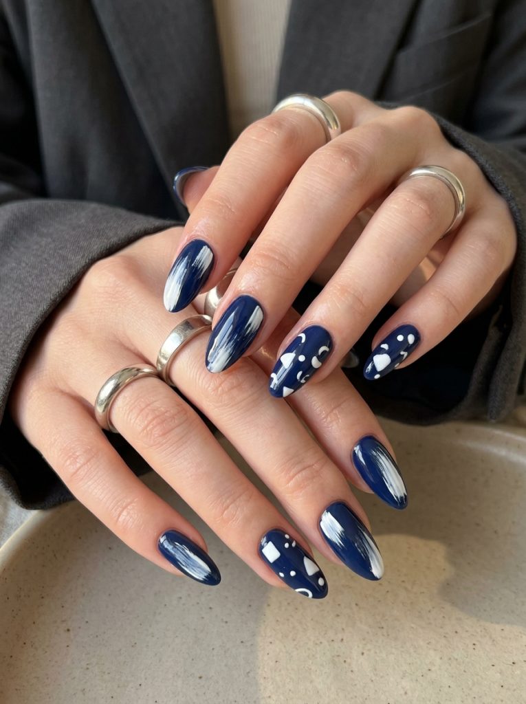 Navy Blue and White Abstract Nails-Fille vibe