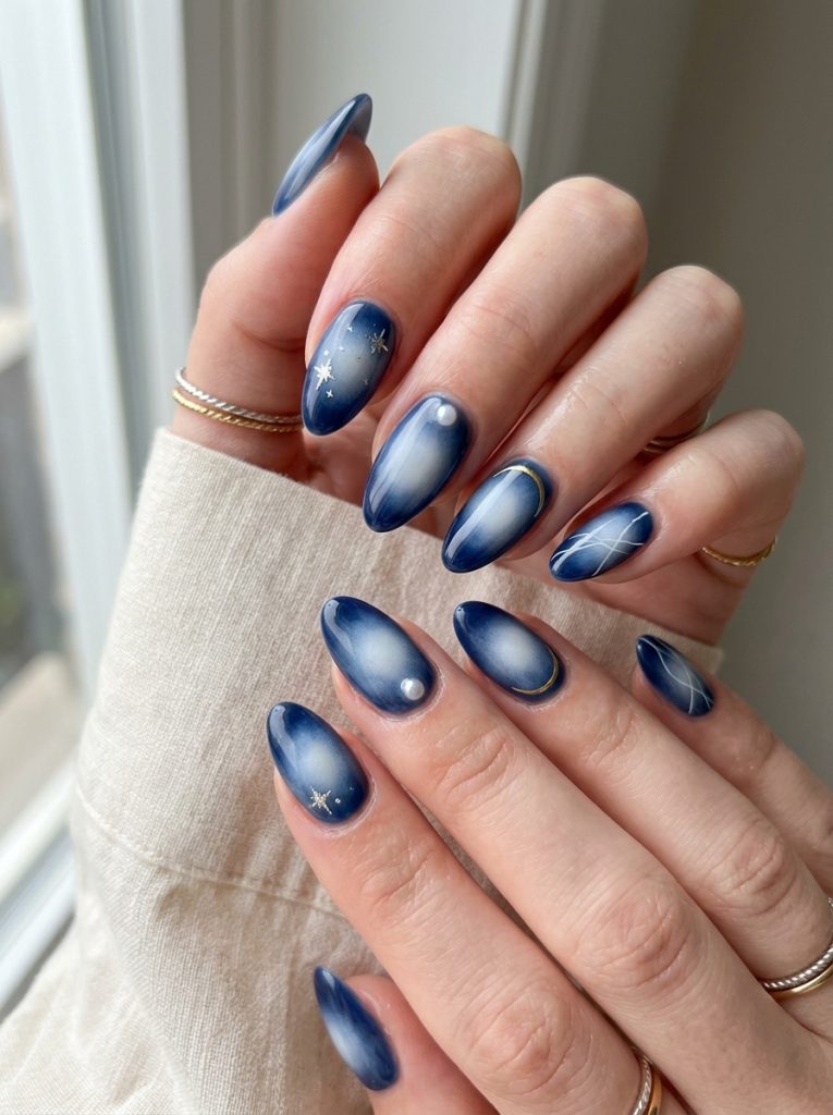 Navy Blue and White Aura Nails-Fille vibe