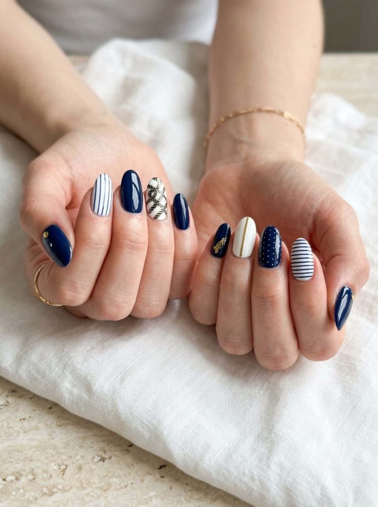 Navy Blue and White Nails-Fille vibe
