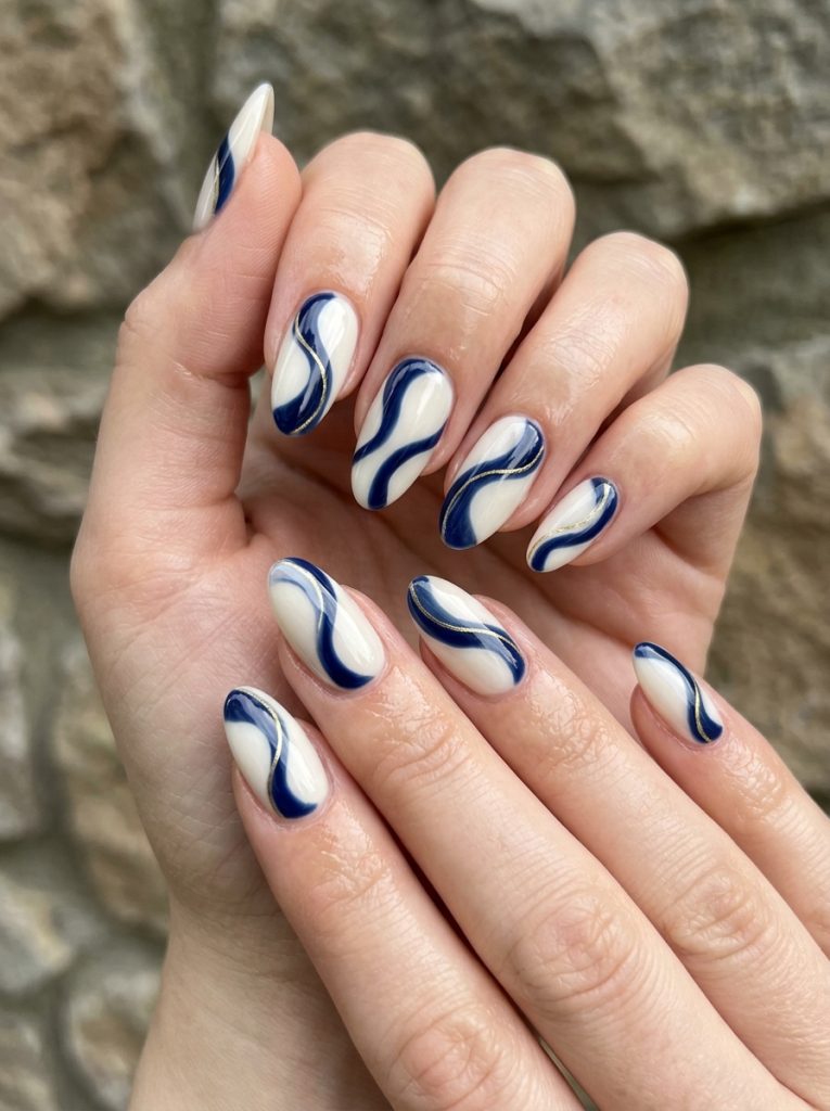 Navy Blue and White Swirl Nails-Fille vibe