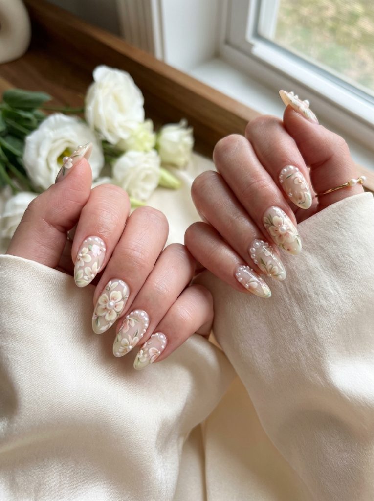 Pearl Floral Nails-Fille vibe