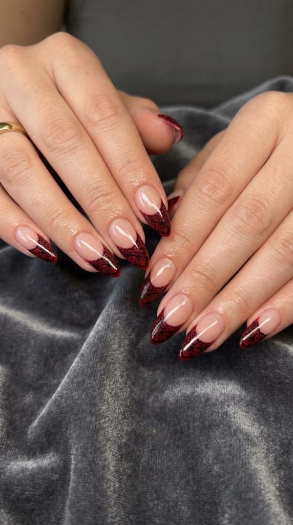 Red Lace French Tip Nails-Fille Vibe