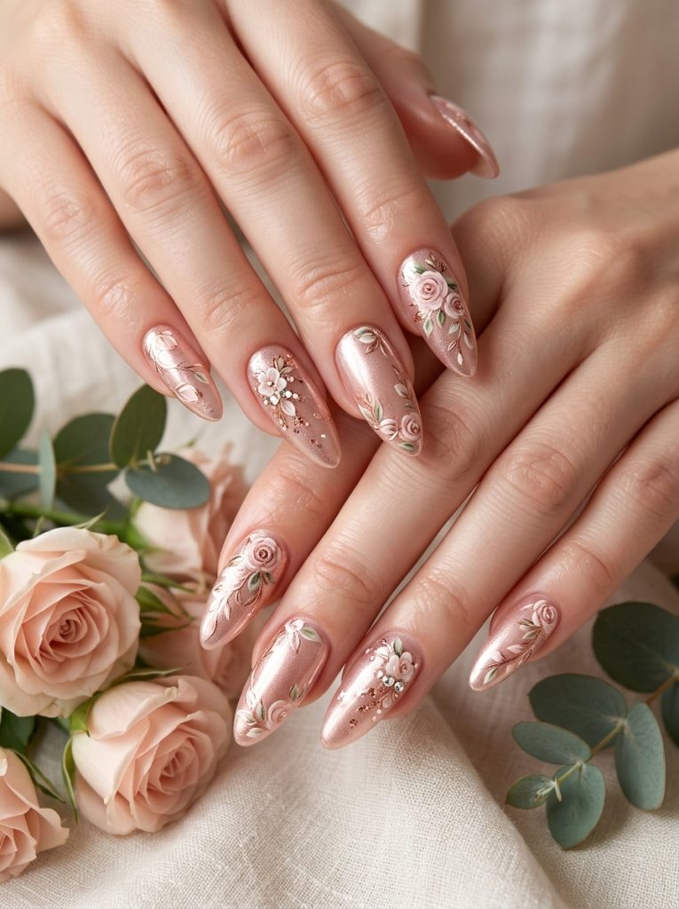 Rose Gold Floral Nails-Fille vibe